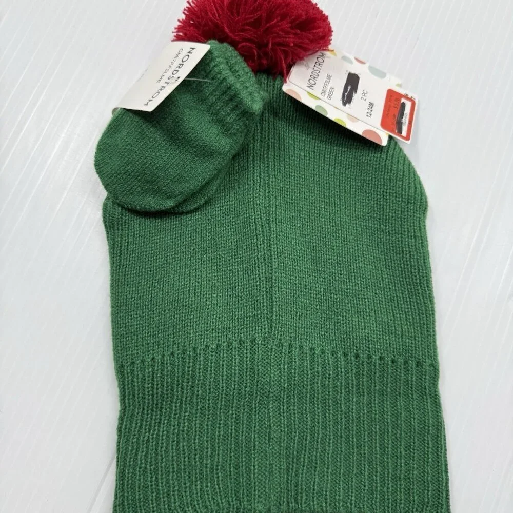 Little Me Reindeer Knit Hat 12-24M Green Red Pom Christmas Winter Beanie New NWT